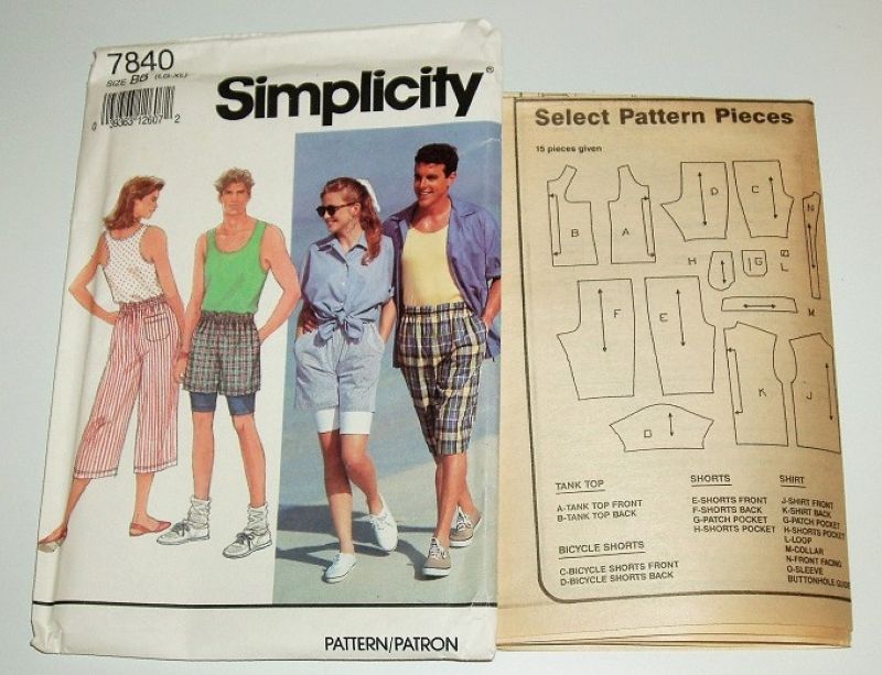 Simplicity 7840 Unisex Shorts, Bicycle Shorts, Tank Top & Shirt Sewing Pattern Sizes L–XL