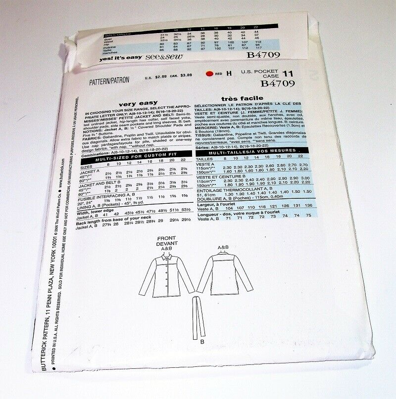 Sew & Sew Butterick B4709 Misses/Misses Petite Shirt Jacket Pattern Sizes 16-22
