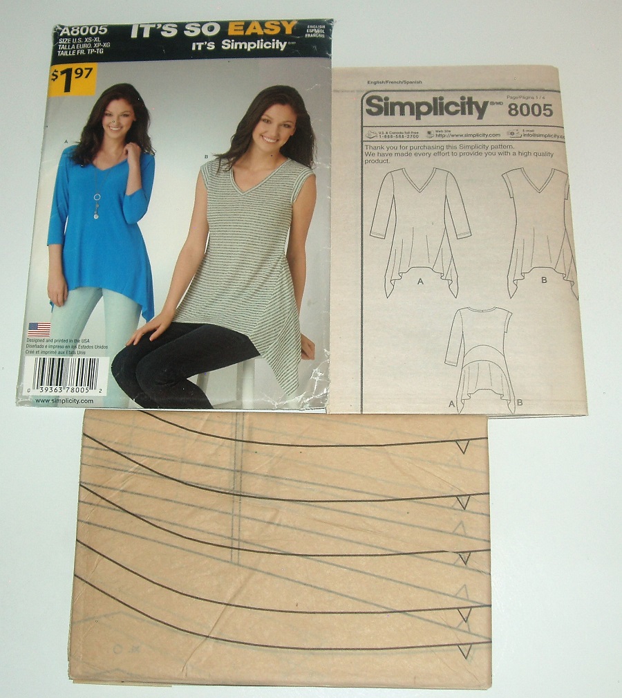 It’s So Easy Simplicity A8005 Sewing Pattern Misses’ Knit Tops with Asymmetrical Hems Sz XS–XL
