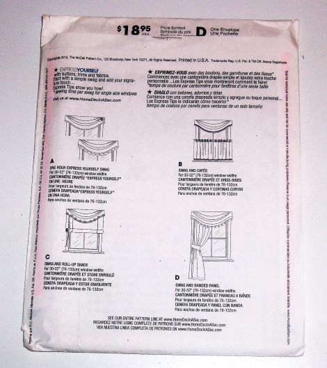 McCall's  M6050 Sewing Pattern Home Dec In A Sec Swag Curtain Shade