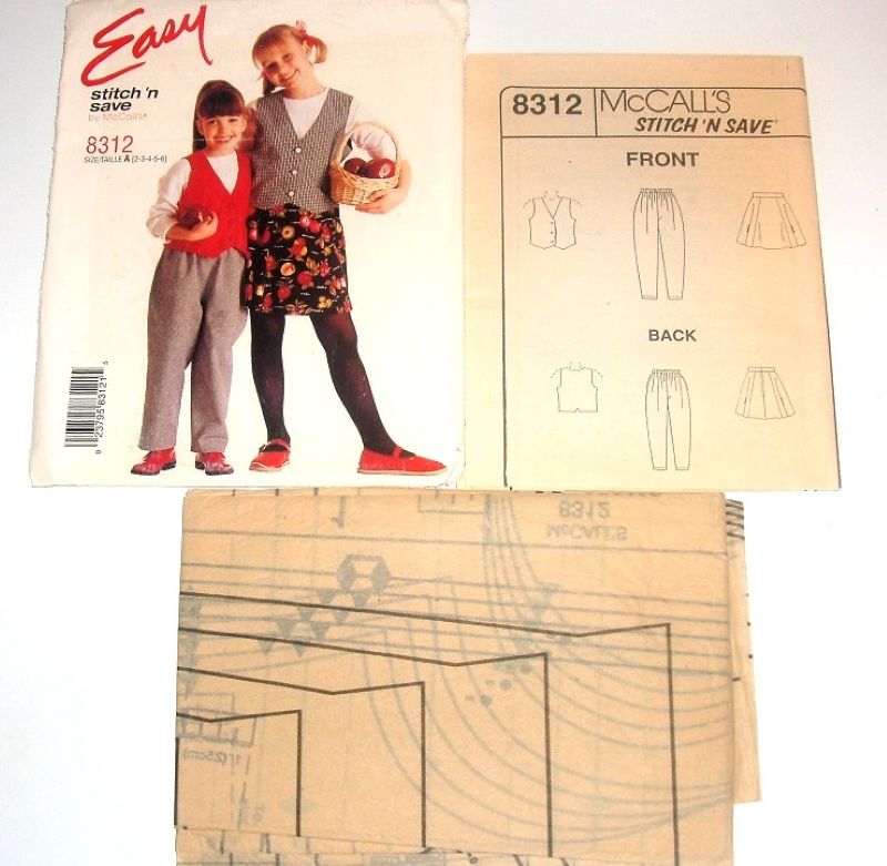 McCall’s 8312 Easy Stitch ’n Save 1996 Sewing Pattern Girls’ Lined Vest Pull-On Pants & Skirt Sz 2–6