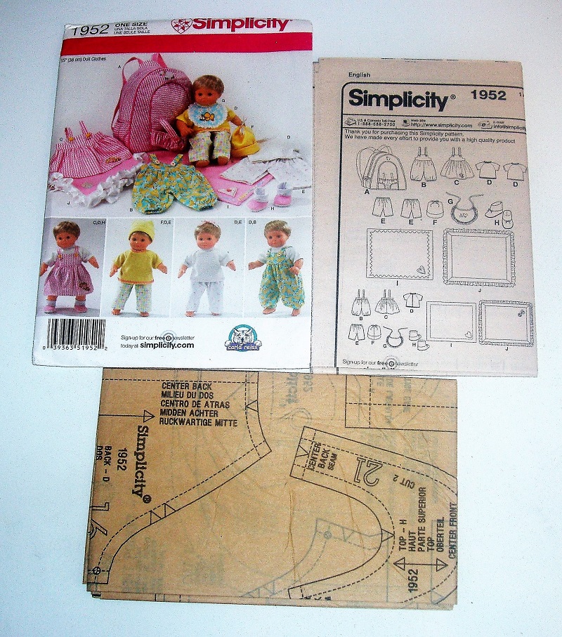 Simplicity 1952 15" Doll Clothes Craft Sewing Pattern Pants Top Jumper Booties Carrier