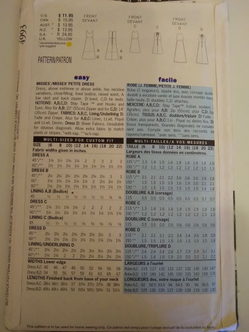 Butterick 4993 Misses/Misses Petite Dresses Sewing Pattern – Sizes 6–10 – 1997