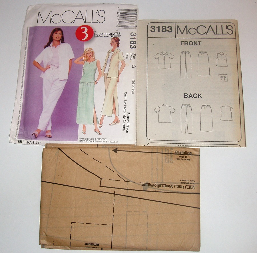 McCall's 3183 Pattern Women's/WP Unlined Shirt-Jacket Top Pull-On Pants & Skirt Sz 20-24
