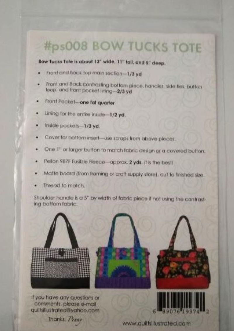 Quilts Illustrated PS008 Bow Tucks Tote Bag Sewing Pattern by Penny Sturges