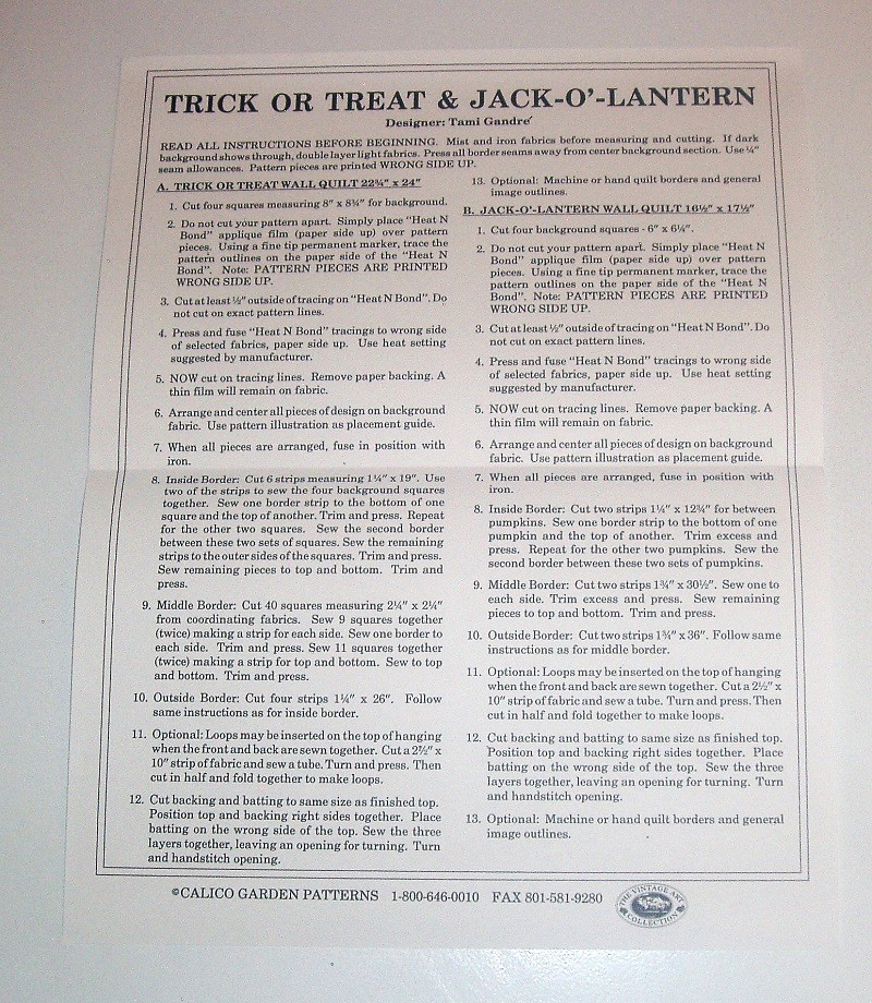 Calico Garden Trick or Treat & Jack-o-Lantern Wall Quilt Applique Pattern – Ghost, Witch, Pirate, Pumpkin Designs