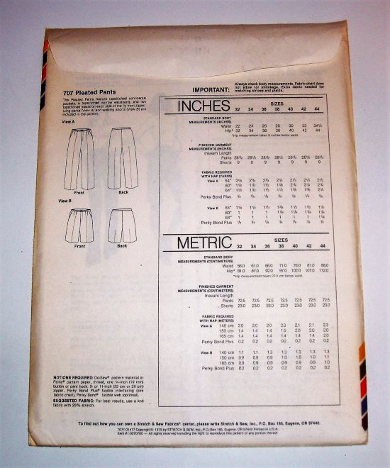 Vintage Stretch & Sew 707 Pleated Pants Sewing Pattern  Hip 32"-44" (Waist 22"-34 ½")