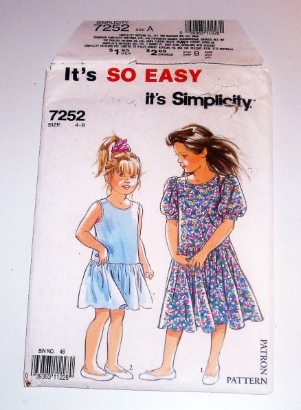 Simplicity 7252 “It’s So Easy” Girls’ Dropped Waist Dress Sewing Pattern Sizes 4–8