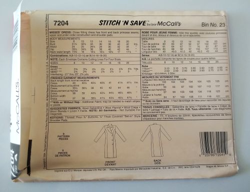 McCall’s 7204 Misses’ Coat Dress Sewing Pattern Sizes 8–14 1994 Easy Stitch ’N Save