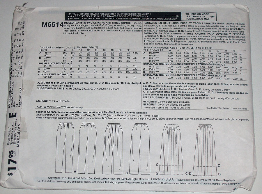 McCall's M6514 Misses Pant Variations Sewing Pattern Sizes 6-14