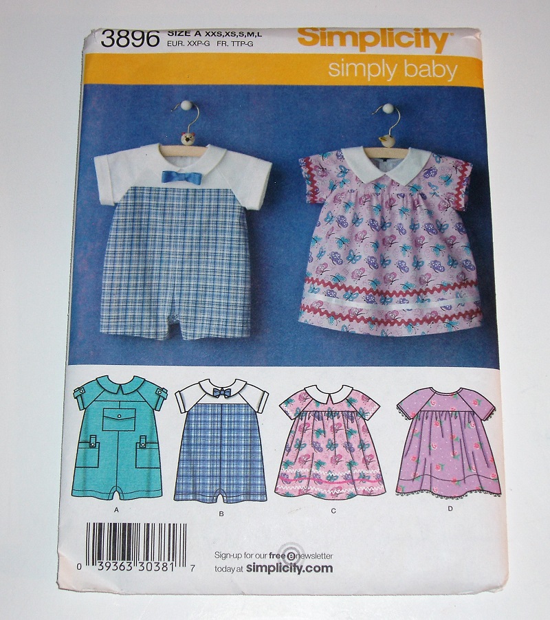 Simplicity 3896 Simply Baby Sewing Pattern Baby Romper, Dress & Panties Sizes XXS–L