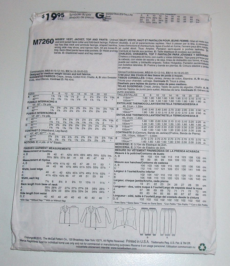 McCall’s M7260 Palmer/Pletsch “Fashion That Fits” Pattern Sz 6–14 Misses Vest, Jacket, Top & Pants