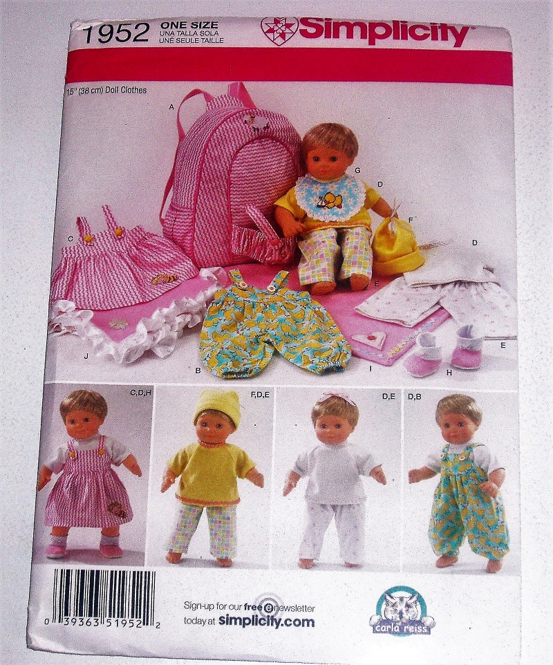 Simplicity 1952 15" Doll Clothes Craft Sewing Pattern Pants Top Jumper Booties Carrier