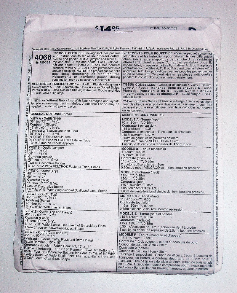 McCall’s 4066 Doll Clothes Wardrobe Sewing Pattern – 18" Dolls – 2003
