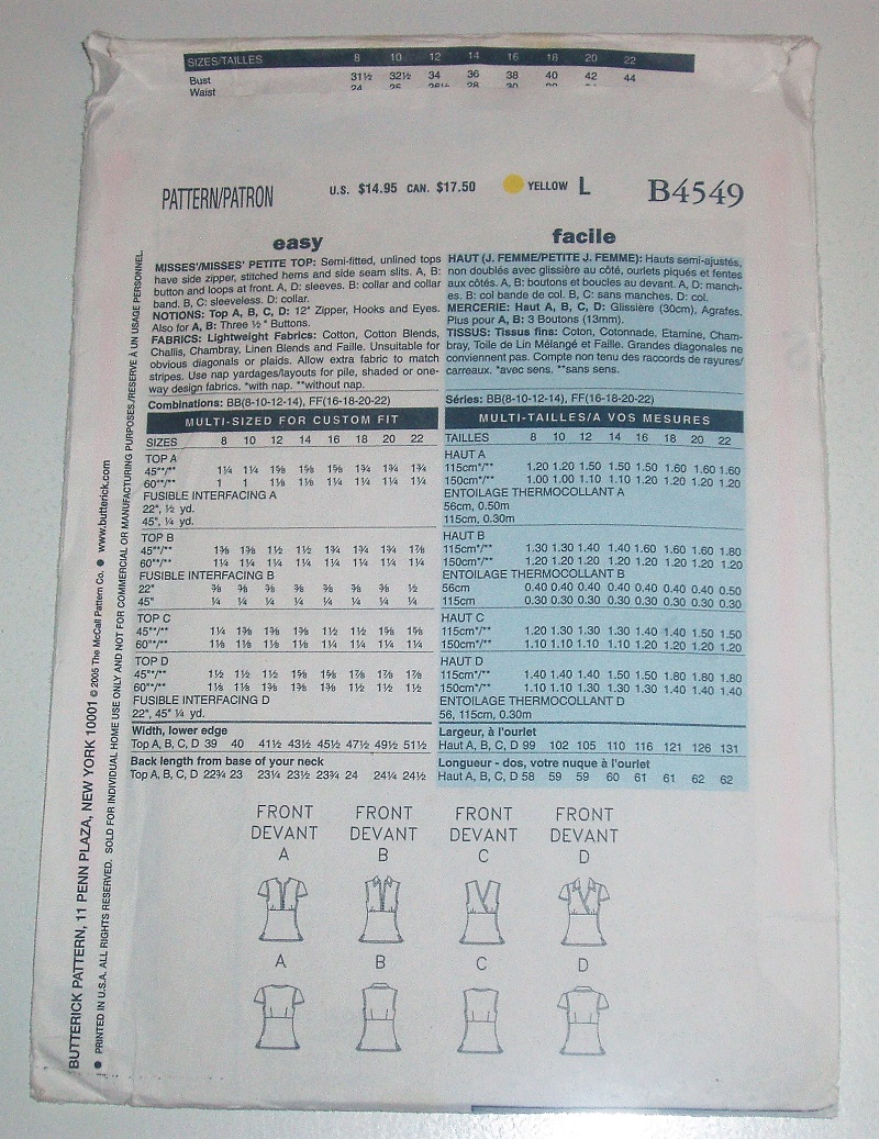 Butterick B4549 Sewing Pattern Misses/Misses Petite Tops Sizes 8-14