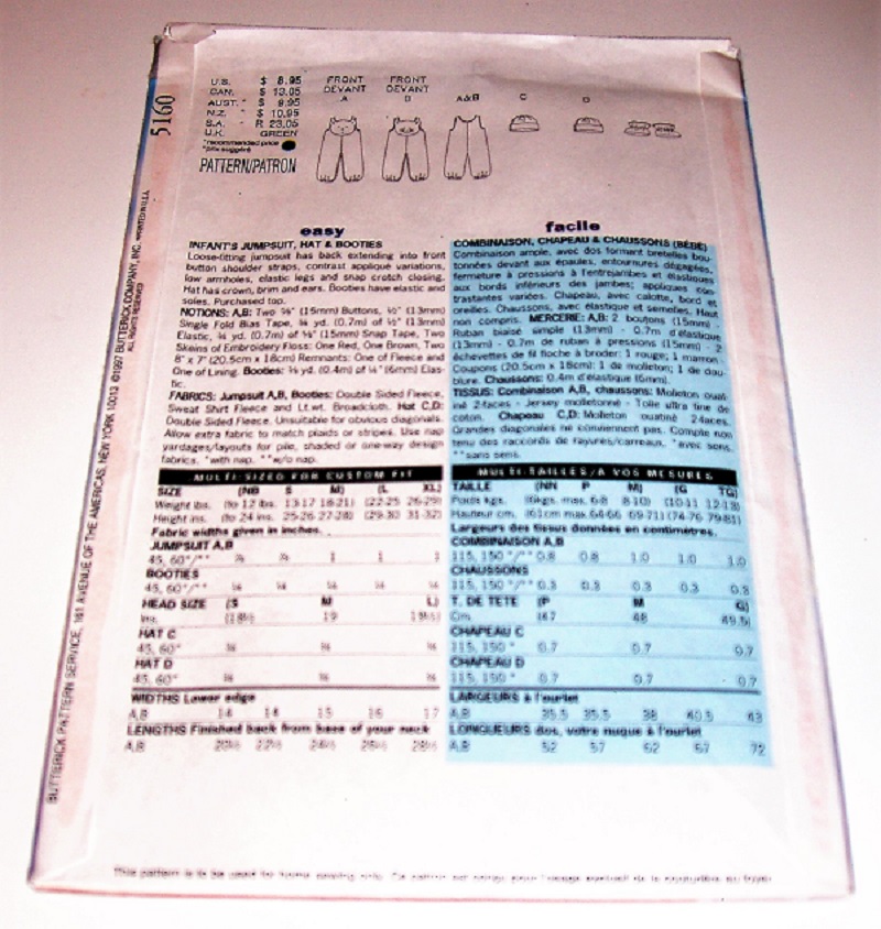 Butterick 5160 Infant’s Jumpsuit, Hat & Booties Sewing Pattern – Sizes L–XL – 1997