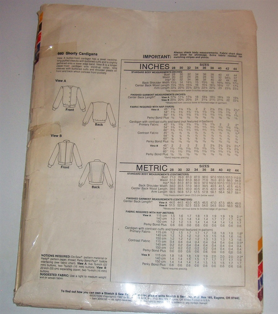 Vintage Stretch & Sew 660 Shorty Cardigans Sewing Pattern Bust 28"-44" (Waist 20"-37")