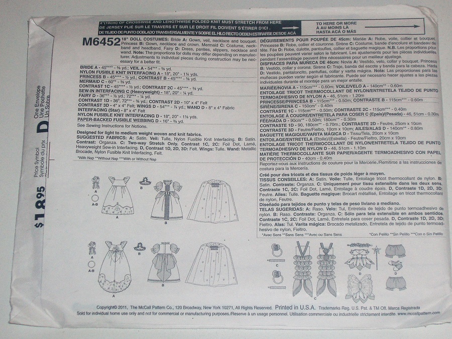 McCall's M6452 18" Doll Costume/Doll Clothes Craft Sewing Pattern 