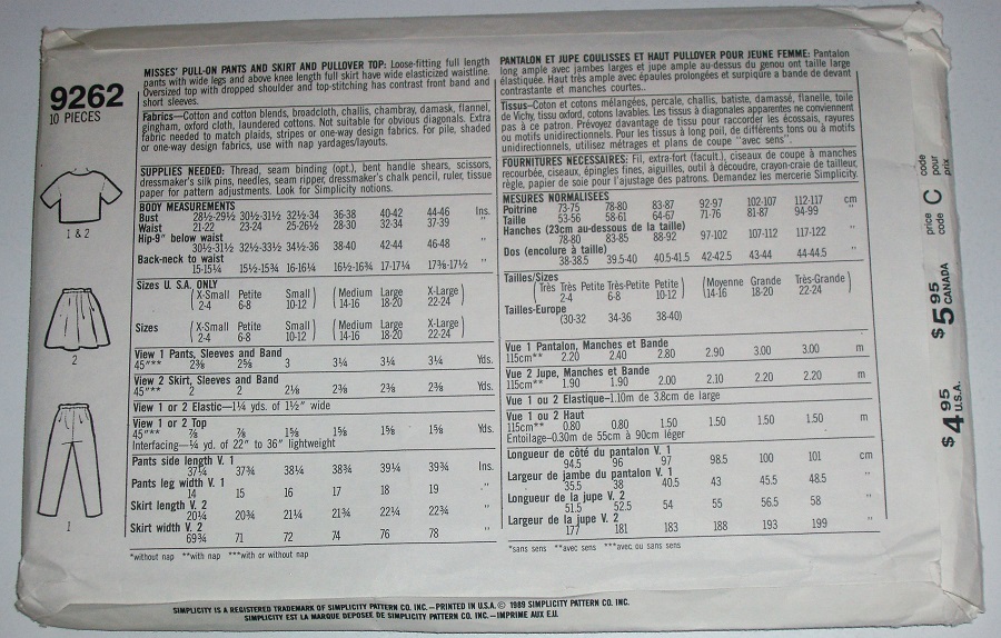 Simplicity 9262 Misses Pants, Skirt & Top Sewing Pattern (Sizes XS–SM)