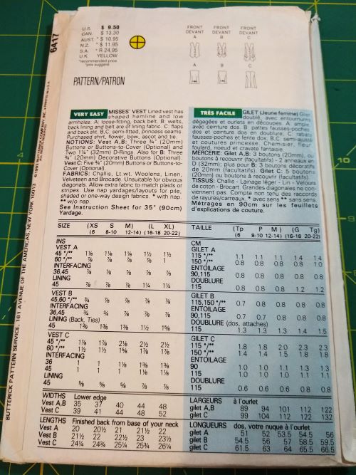 Butterick 6417 Classics Sewing Pattern Misses Lined Vests Sz Xs-Med