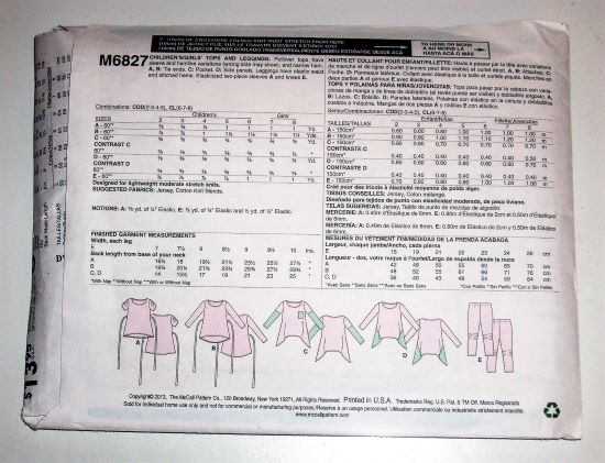 McCall’s M6827 Girl’s Pullover Tops & Leggings Sewing Pattern Sizes 2-5 (2013)