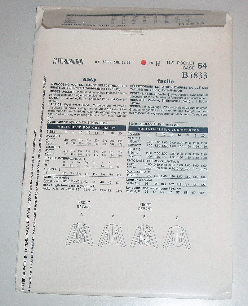 Butterick See & Sew B4833 Misses’ Lined Fitted Jacket Sewing Pattern – Sizes 6–12 – 2006