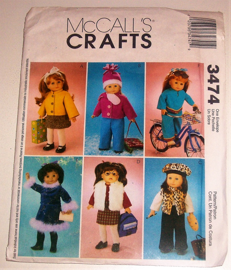 McCall's 3474 Crafts 18" Doll Clothing Winter Doll Wardrobe Sewing Pattern