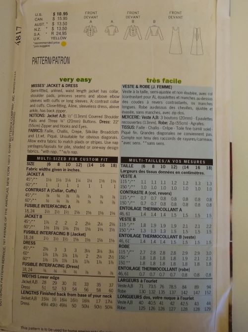 Butterick 4817 Misses’ Jacket & Dress Sewing Pattern – Sizes 6–12 – 1997