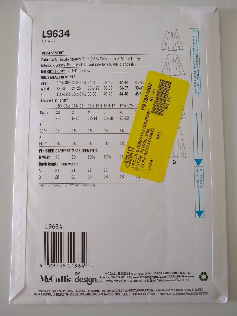 McCall's L9634 It's Sew Simple Misses Knit Skirt Sewing Pattern Sizes XS-XXL