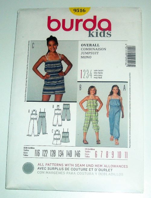 Burda 9516 Girl's Summer Jumpsuit Sewing Pattern Sizes 6–11