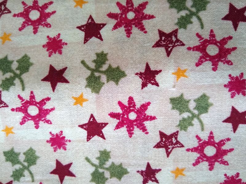 Vintage 1990s Holiday Cotton Fabric – 2 Yards + 33" x 45" – Green Holly, Burgundy & Red Stars on Beige
