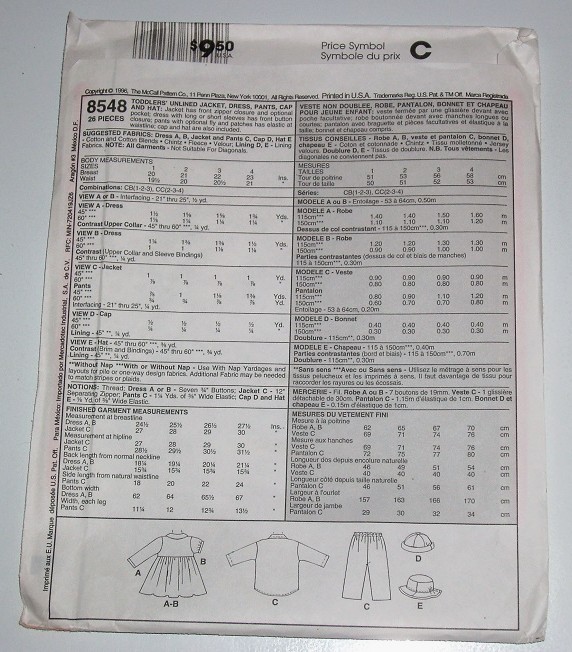 McCall’s 8548 Sewing Pattern Toddler’s Unisex Jacket, Dress, Pants & Hat Sizes 1–3