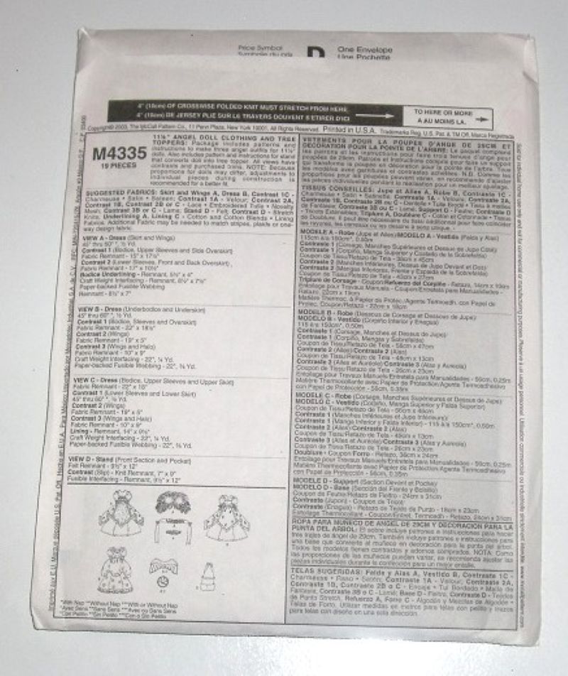 McCall’s M4335 Angel Doll Clothes & Tree Topper Sewing Pattern 11½" Dolls 2003