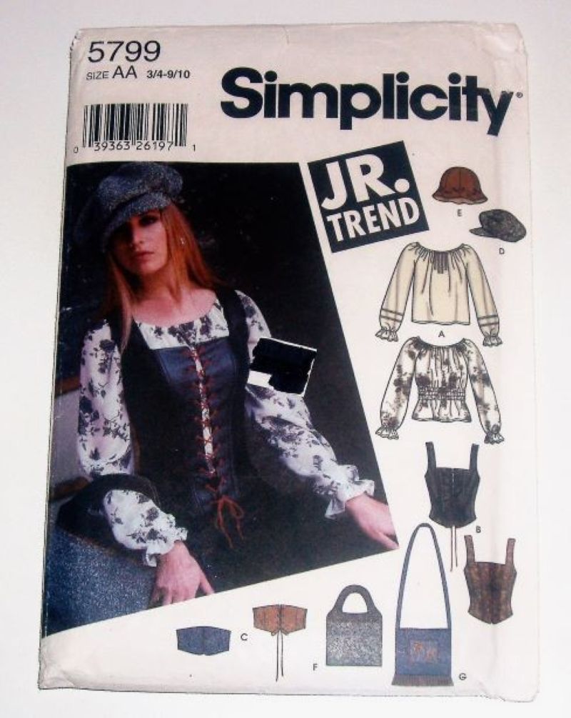 Simplicity 5799 Junior Trend Sewing Pattern (Sizes 3/4–9/10) Peasant Blouse, Corset Vest, Belt, Hats & Bags