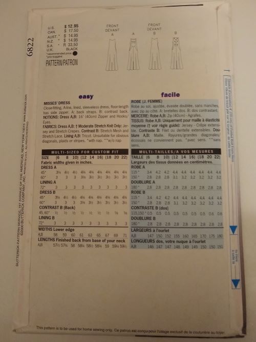 Butterick 6822 Misses Formal Evening Dress Sewing Pattern Sizes 6–10 (2000)