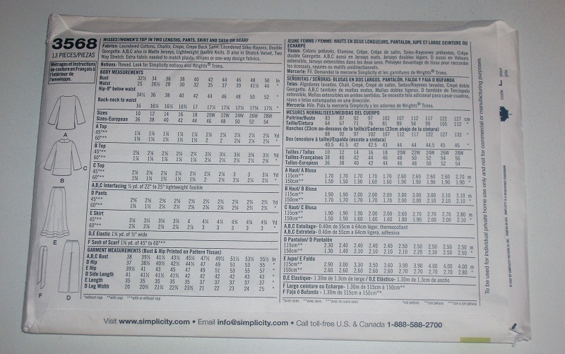 Simplicity 3568 Sewing Pattern Women's Top Pants Skirt Sash Or Scarf Sz 20W-28W