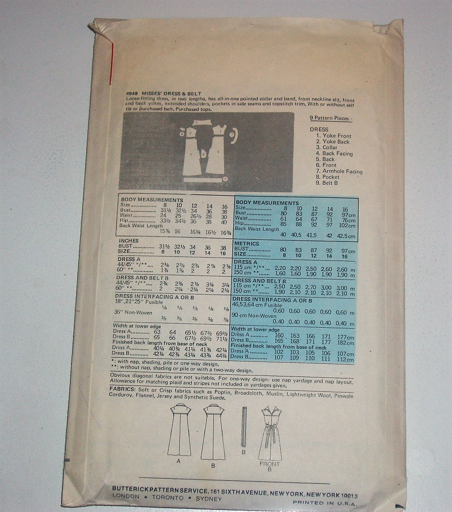 Butterick 4948 Misses’ Dress/Jumper Cut Sewing Pattern – Size 12 – 1970s