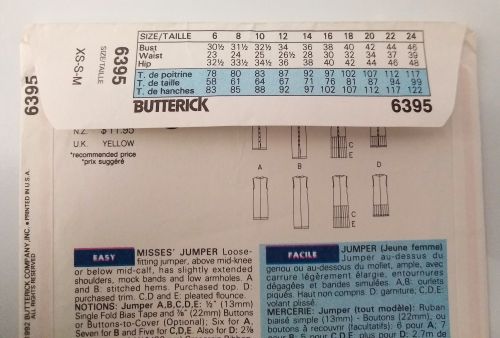 Butterick 6395 Misses Jumper Dress Sewing Pattern XS-M