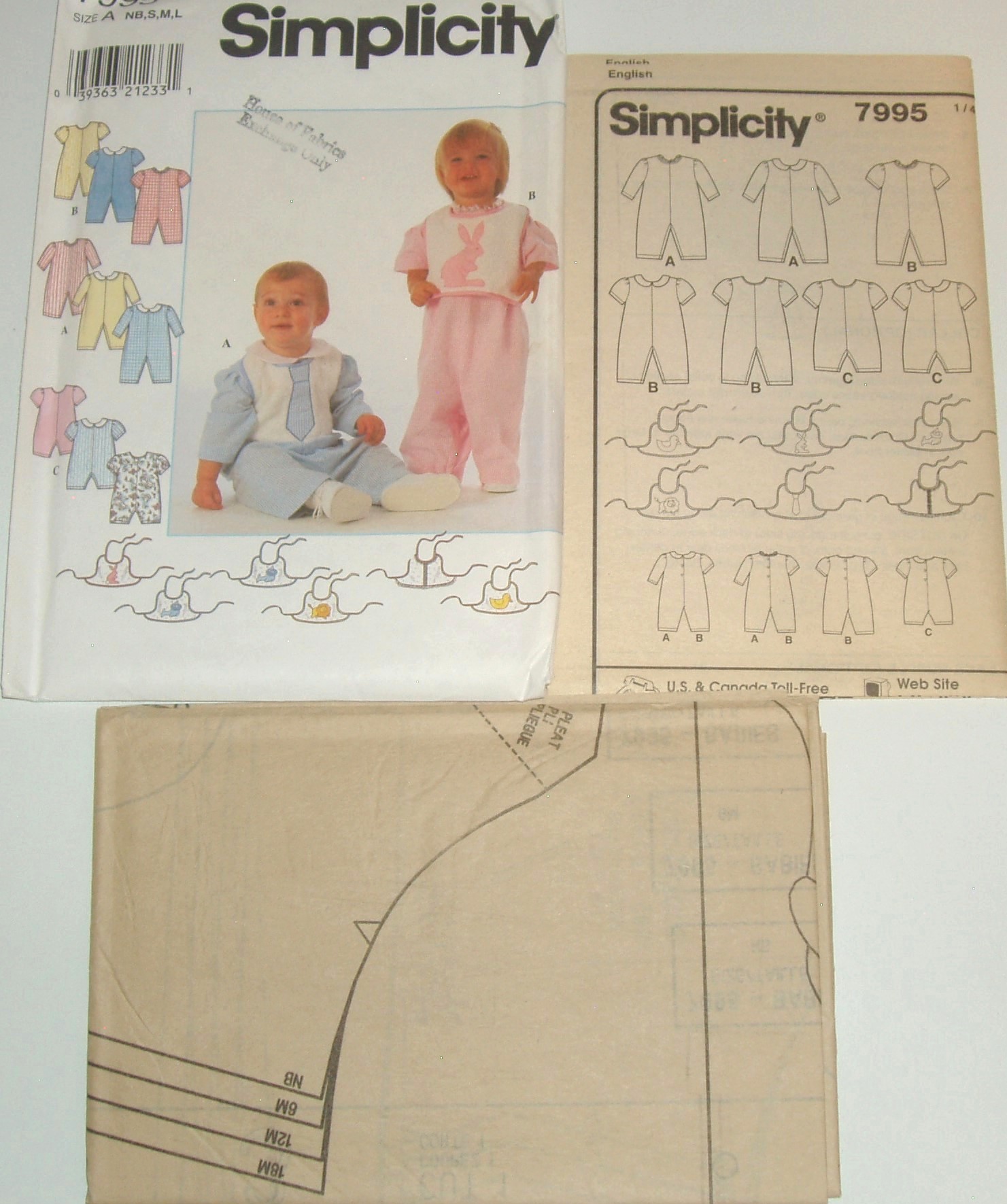 Simplicity 7995 Baby Romper & Bib Sewing Pattern (Sizes NB–L, 1997)