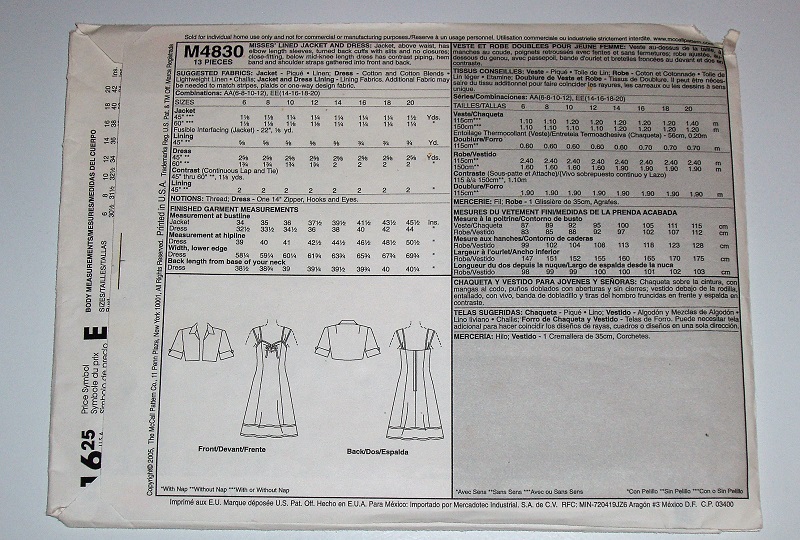 McCall’s M4830 Misses’ Lined Jacket & Dress Sewing Pattern Sizes 6–12 2005