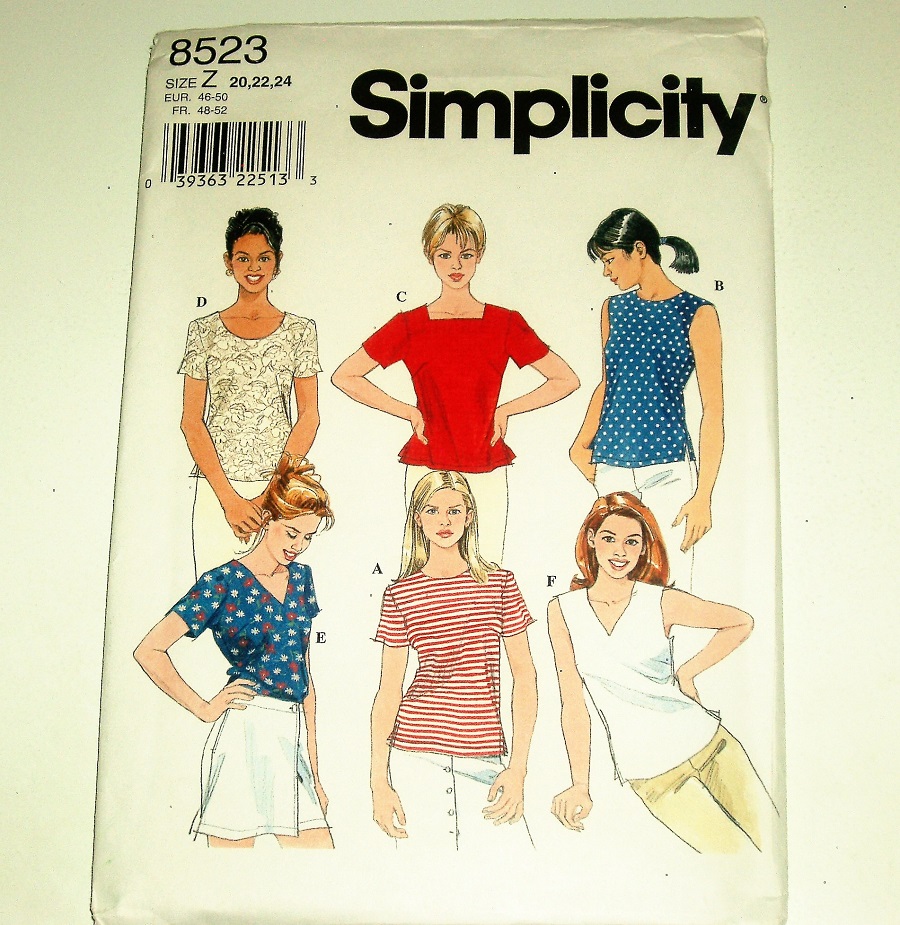 Simplicity 8523 Sewing Pattern Plus Size Misses’ Pullover Tops W/Neckline Variations Sz 20–24