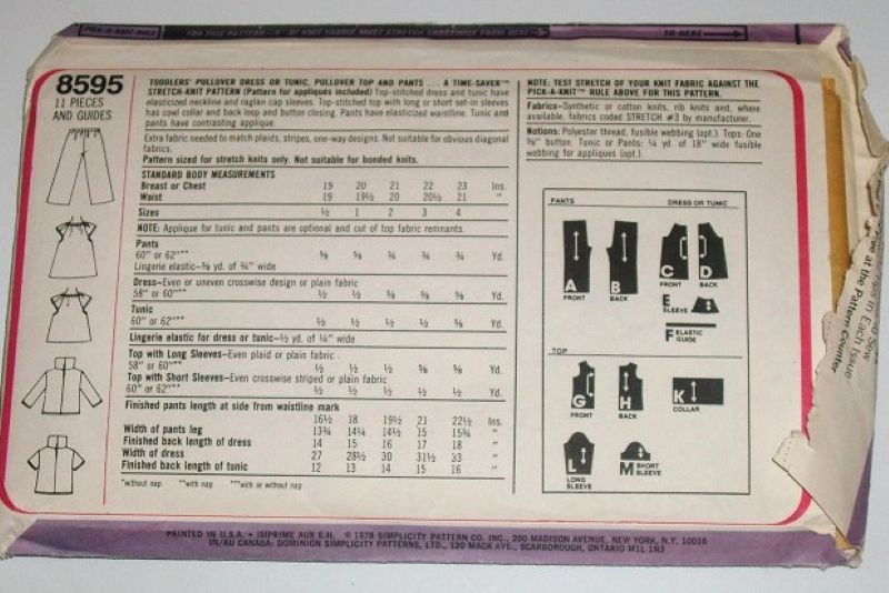 Simplicity 8595 Toddler Pullover Dress Tunic Top & Pants Sewing Pattern Time-Saver Stretch Knit 1978 Sz 2-4