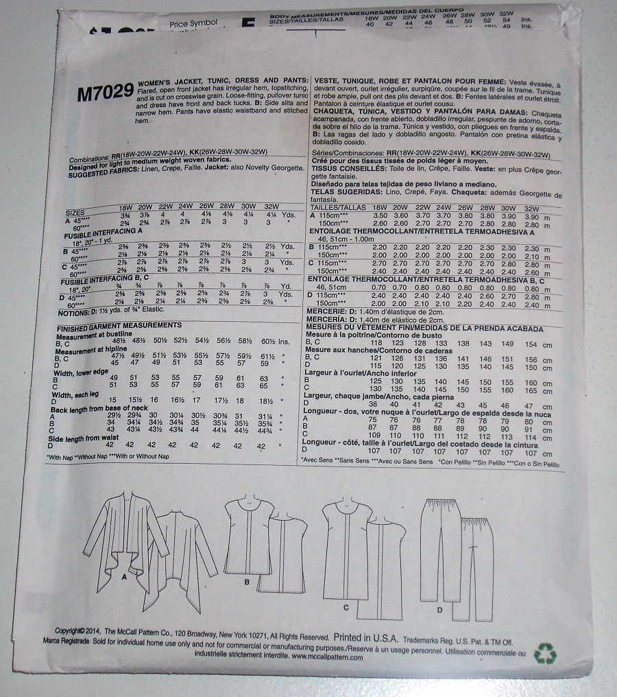 McCall's M7029 Sewing Pattern Women's Jacket Tunic Dress & Pants Sz 18W-24W