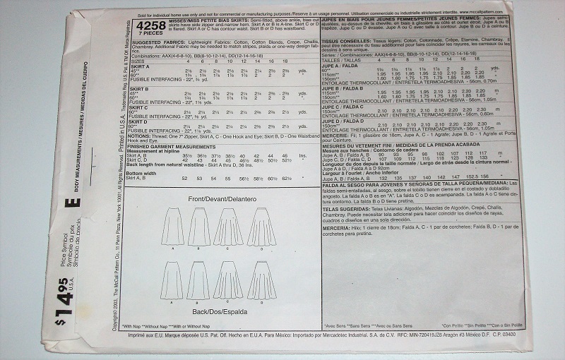 McCall’s 4258 Sewing Pattern Misses/MP 2-Hour Bias Skirts Sz 8-14 Above Ankle Length