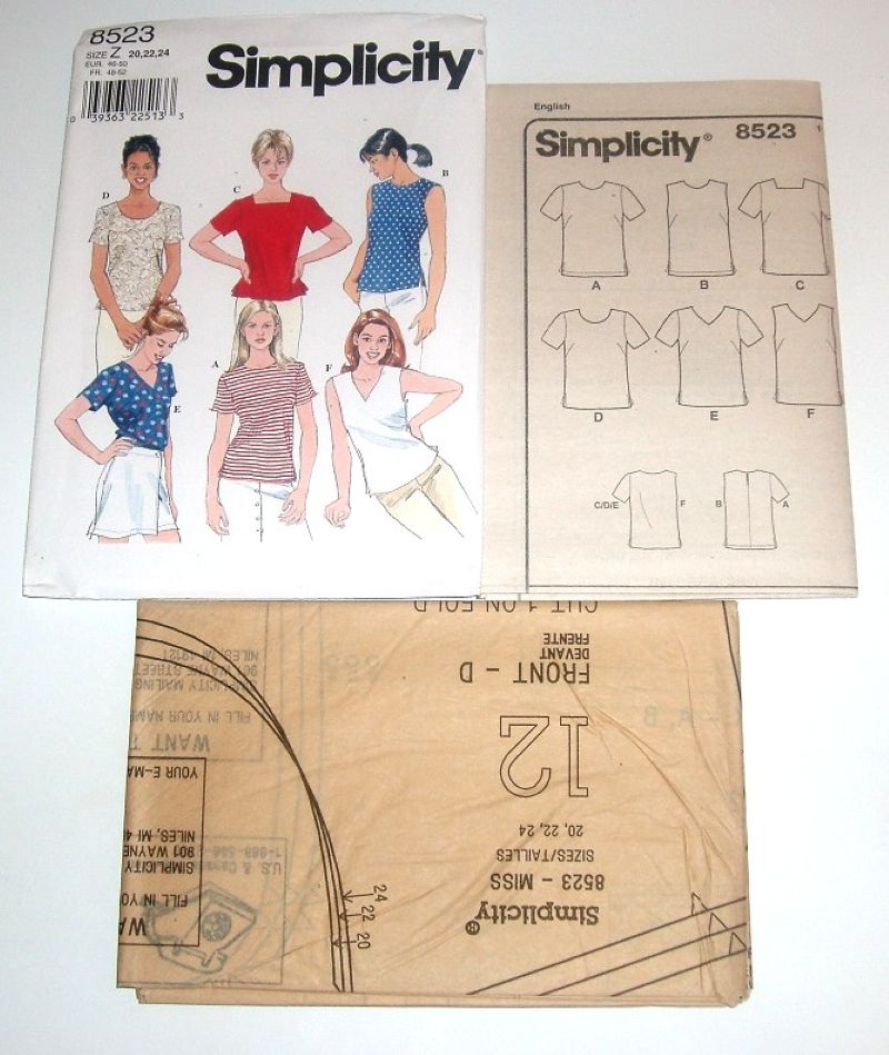 Simplicity 8523 Sewing Pattern  Plus Size Misses’ Pullover Tops W/Neckline Variations Sz 20–24