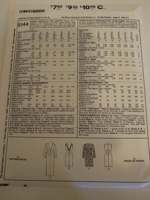 McCall’s 5144 Easy Sewing Pattern – Size 6 – Misses Dresses with Neckline Variations – 1990