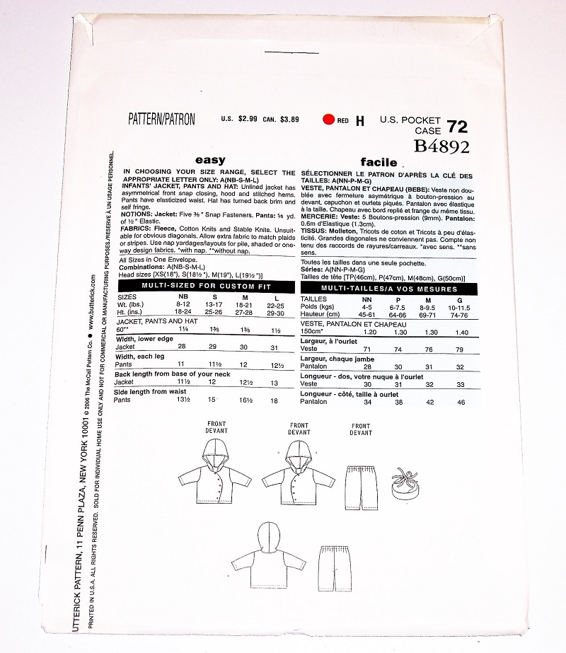Butterick See & Sew B4892 Infant’s Jacket, Pants & Hat Sewing Pattern – Sizes NB–L – 2006