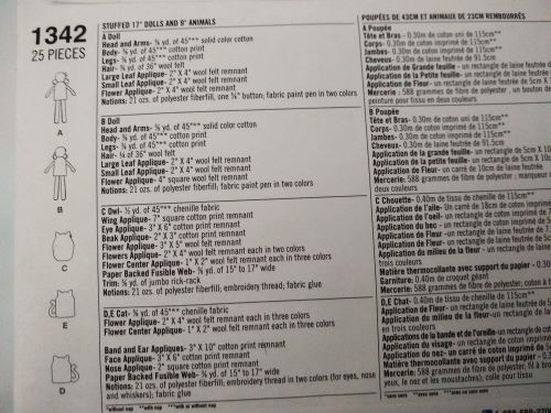 Simplicity 1342 Stuffed Doll and Animal Sewing Pattern (One Size) Cut Complete