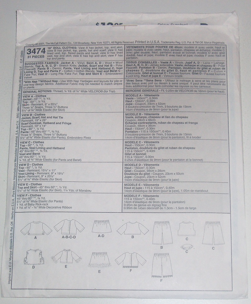 McCall's 3474 Crafts 18" Doll Clothing Winter Doll Wardrobe Sewing Pattern 