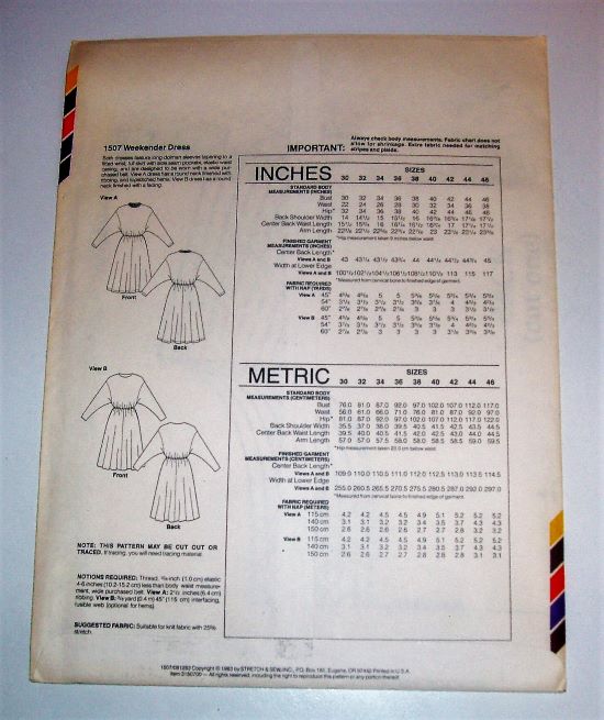 Vintage Stretch & Sew 1507 Misses Weekender Dress Sewing Pattern (1983) Bust 30"-46"